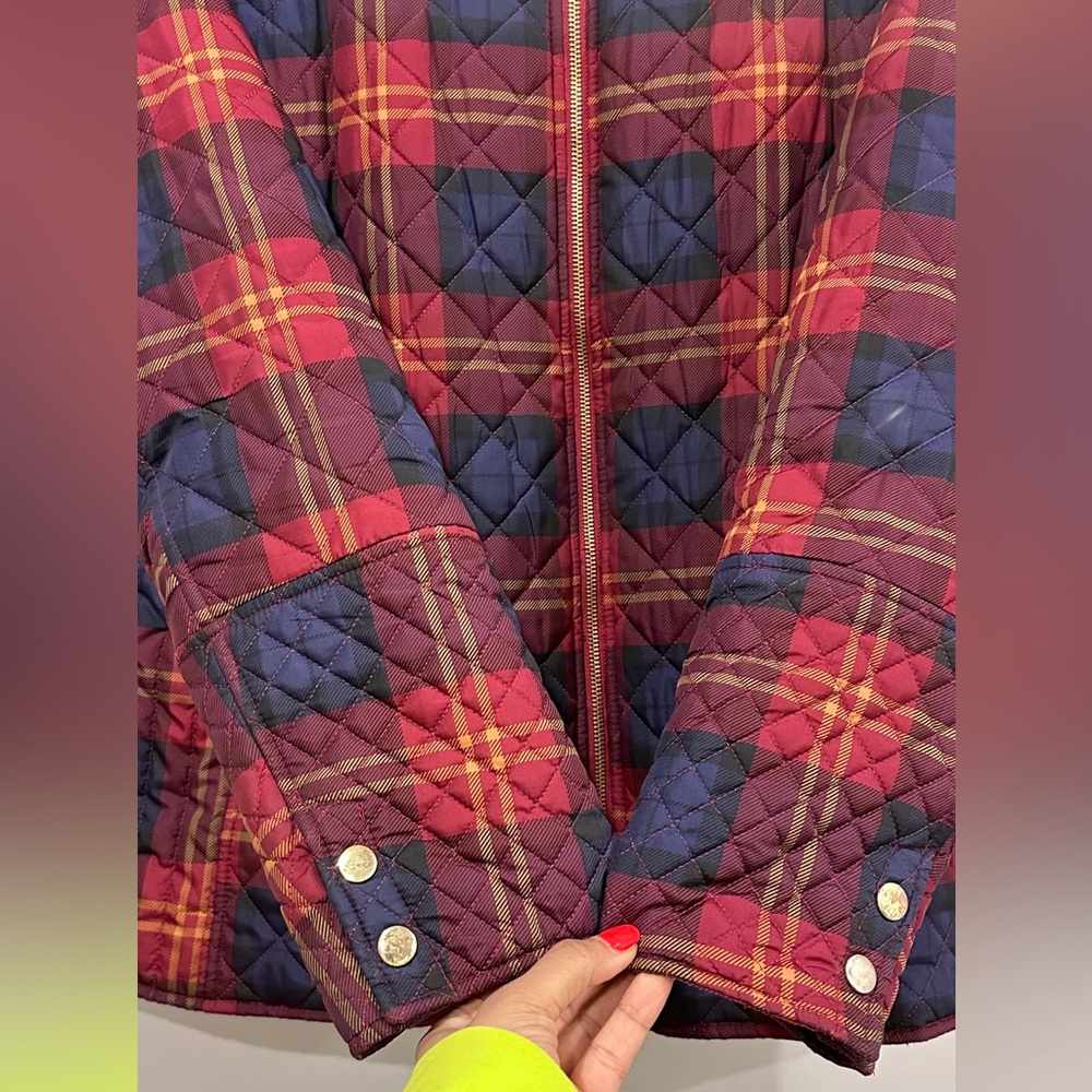 Burgundy, Blue & Yellow Plaid Quilted Jacket w Zipper Closure Mock Neck Collar - Picture 6 of 11